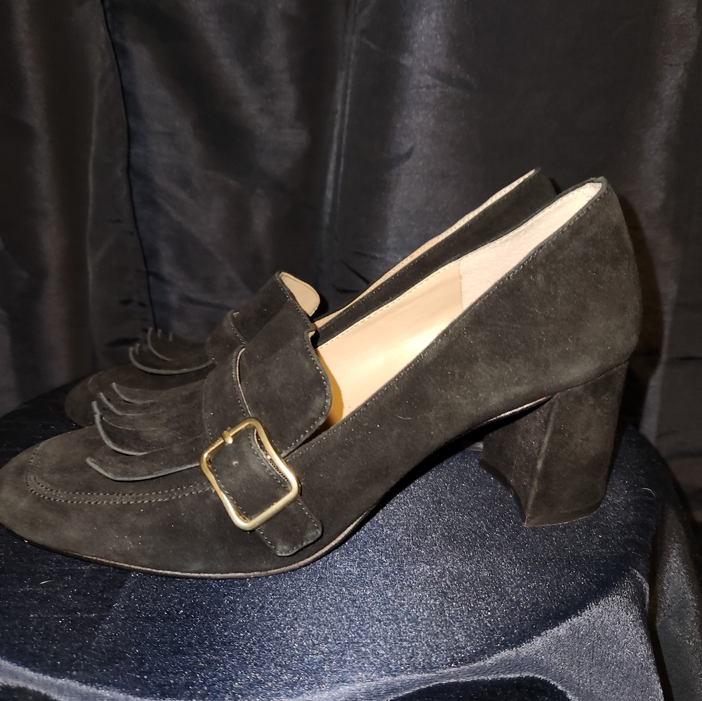Vince Camuto Giuliann Black Suede Leather Loafer Chunky Heels Shoes Womens 9.5